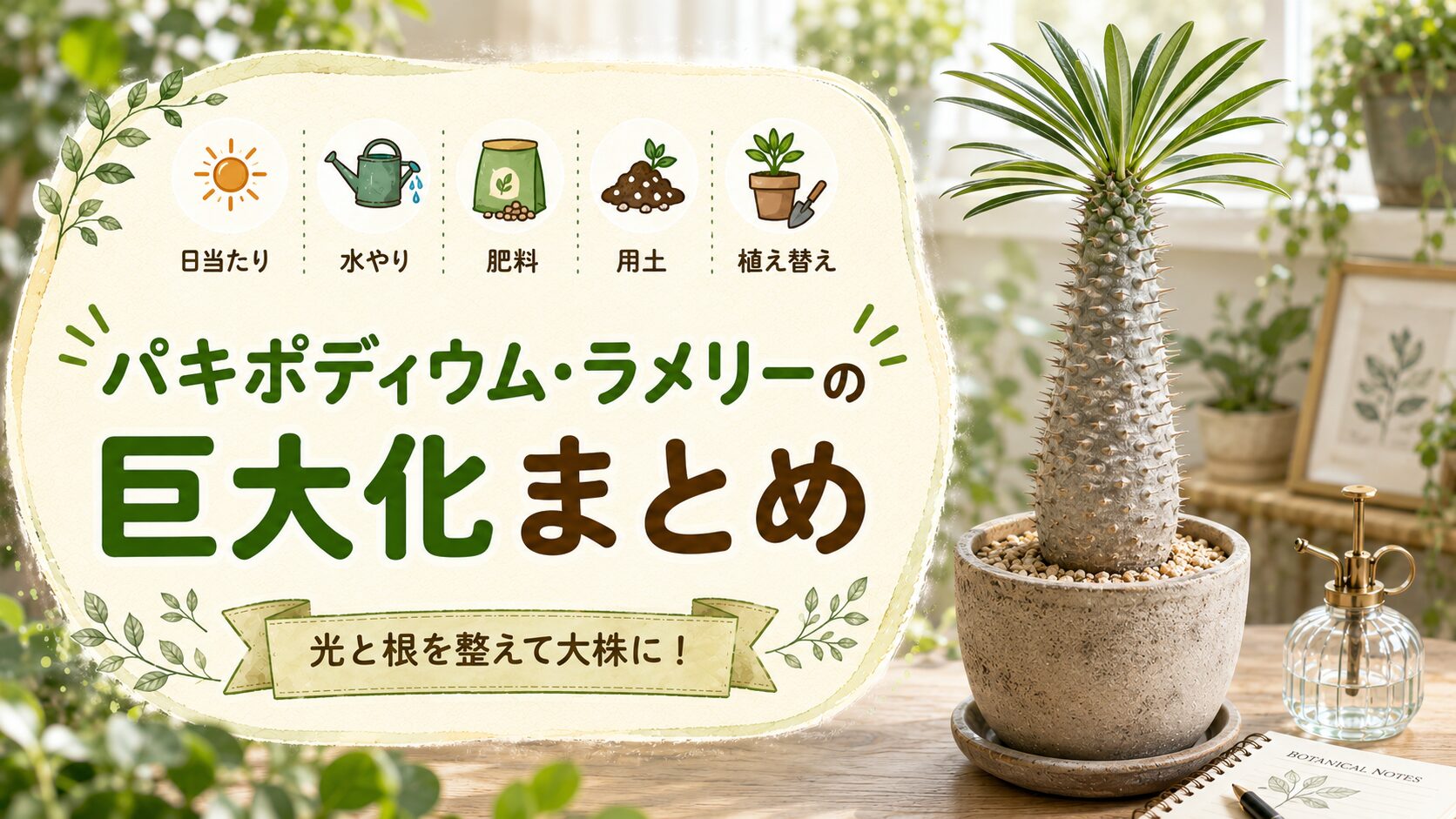 日当たり・水やり・肥料・用土・植え替えとパキポディウム・ラメリー巨大化の要点をまとめた画像