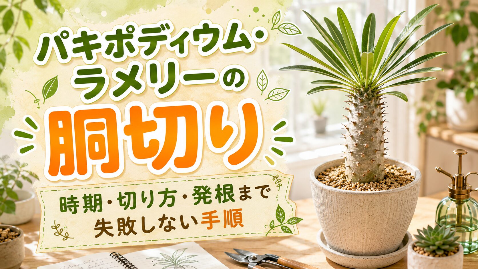 パキポディウム・ラメリーの胴切りについて、時期・切り方・発根まで失敗しない手順を解説するアイキャッチ画像