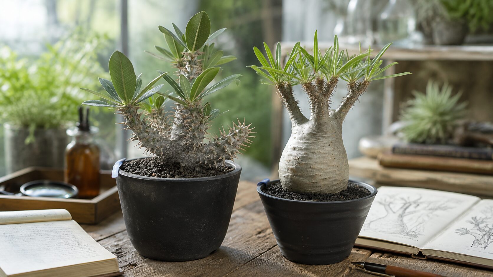 植物図鑑と観察ノートのそばに置かれたホロンベンセとグラキリスの鉢植え
