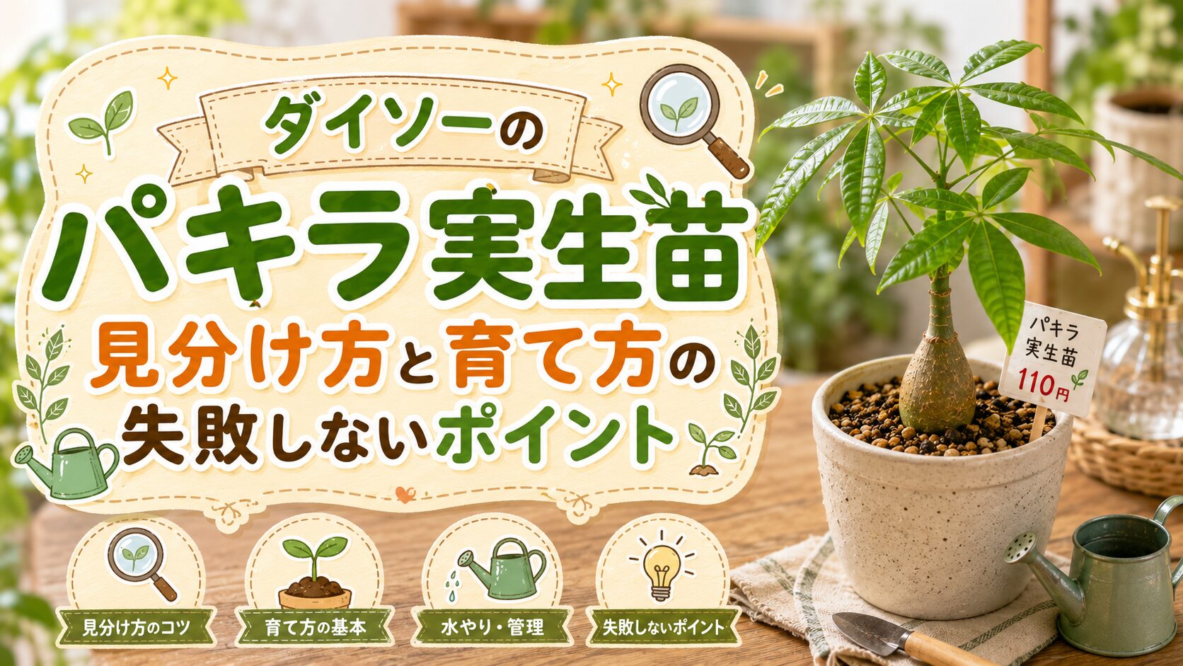 ダイソーのパキラ実生苗の見分け方と育て方を解説するアイキャッチ画像。鉢植えのパキラ実生苗と110円タグ、見分け方・水やり管理のアイコンが描かれている