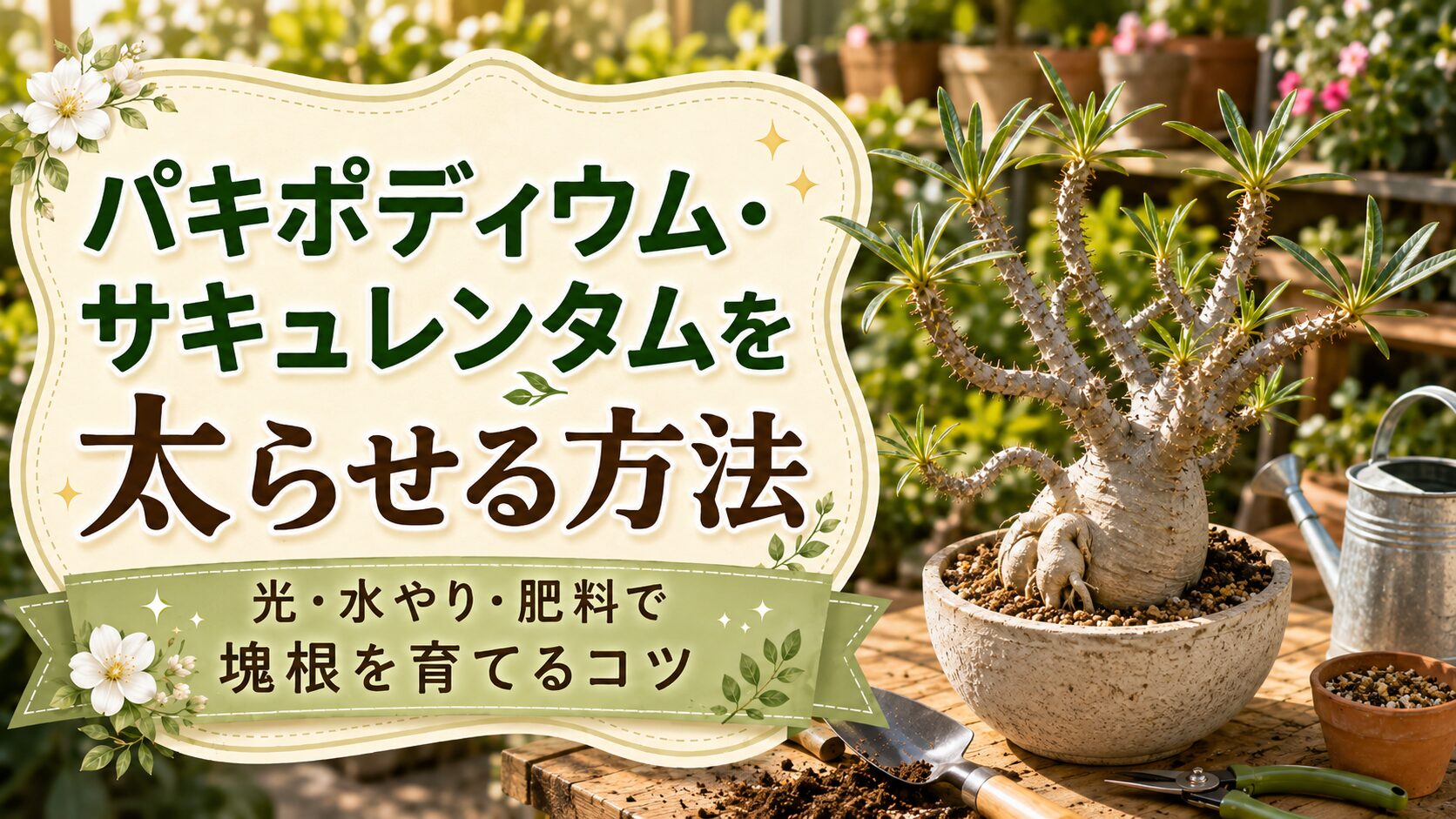 パキポディウム・サキュレンタムを太らせる方法を紹介するアイキャッチ画像。鉢植えのサキュレンタムと園芸道具を背景に、光・水やり・肥料で塊根を育てるコツを大きく表示している。