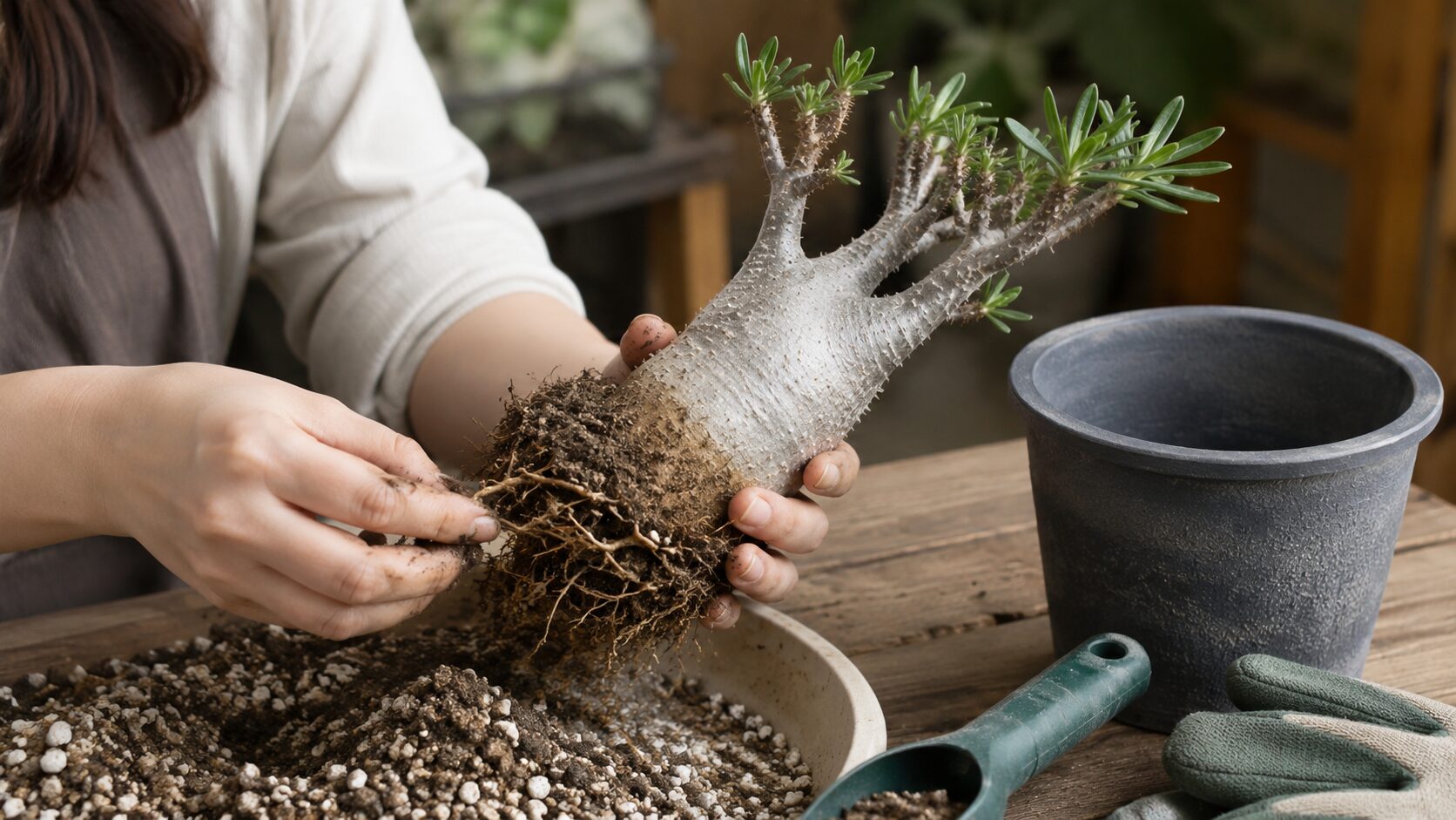 植え替え作業中のパキポディウム・サキュレンタム。根鉢をほぐしながら根の状態を確認し、根詰まり対策を行っている様子。