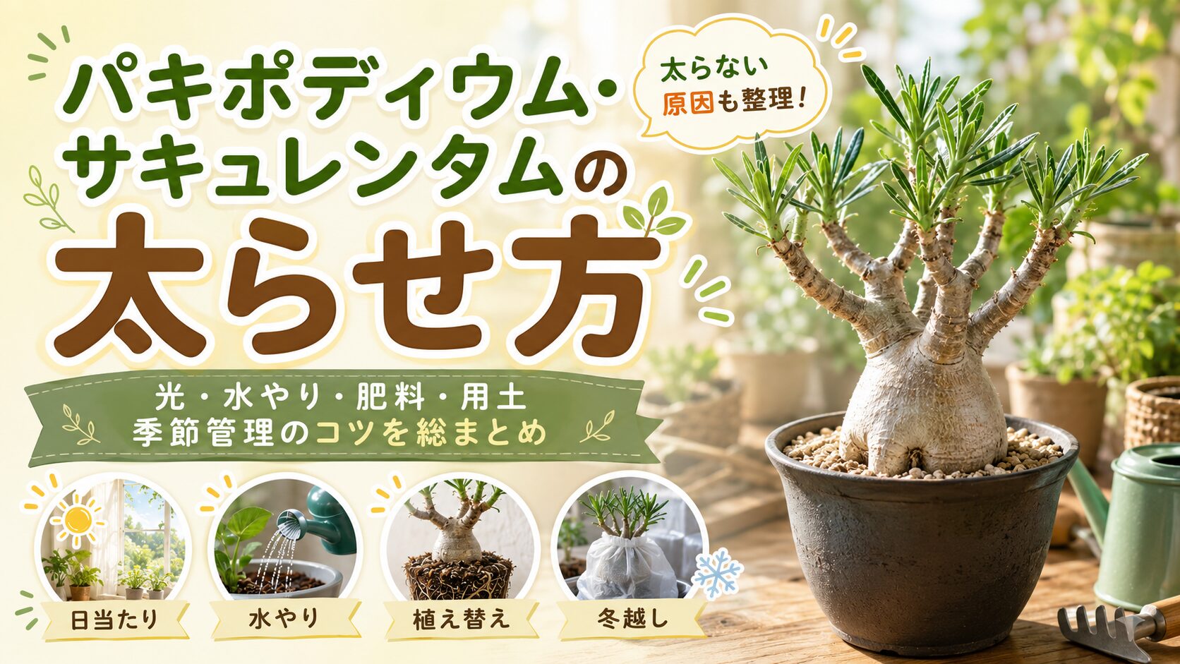 パキポディウム・サキュレンタムを太らせる育て方のまとめ画像。太い塊根の株を中心に、日当たり・水やり・植え替え・冬越しの管理ポイントを分かりやすく整理している。