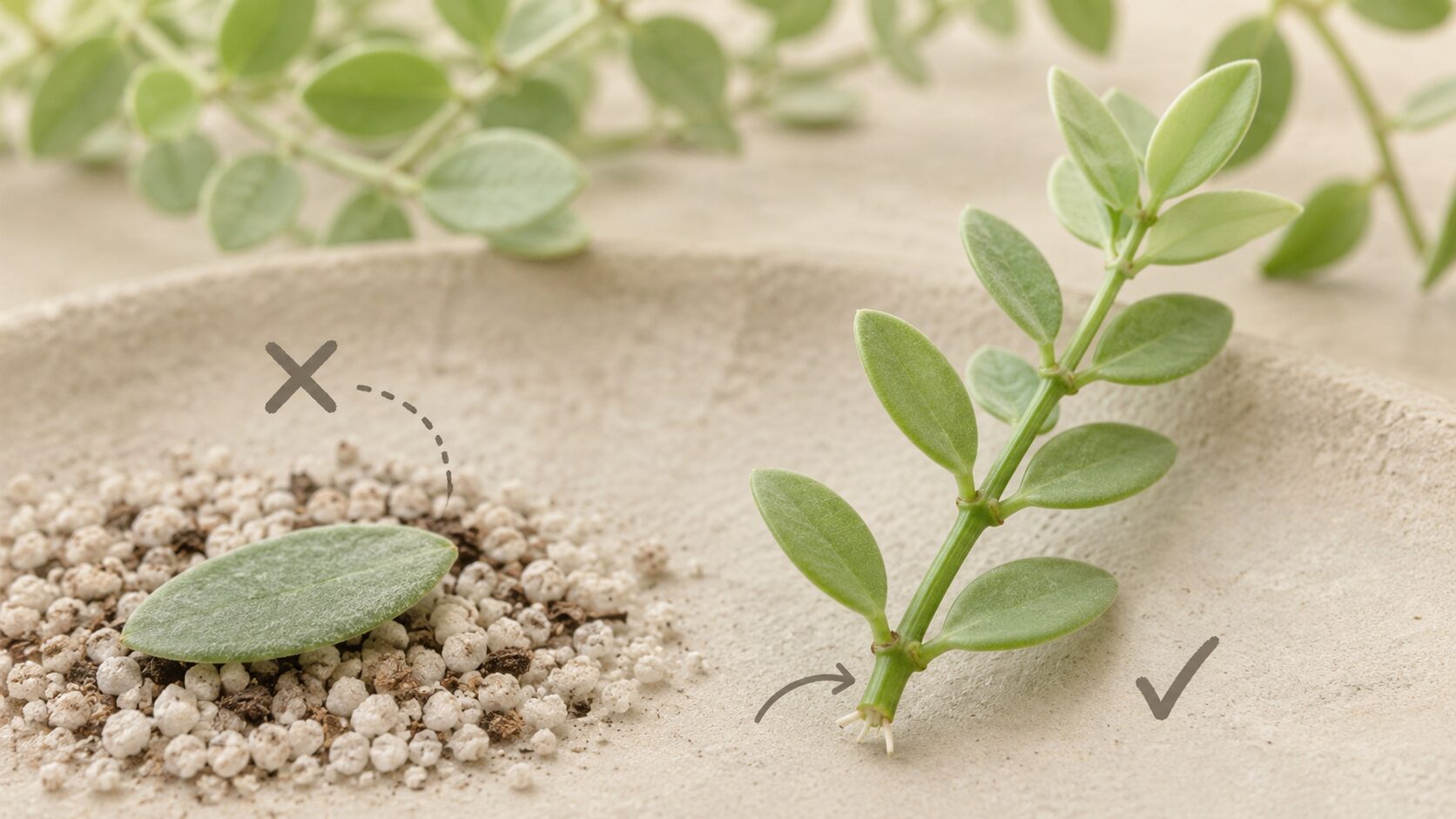 ディスキディアの葉挿しと発根する節付き茎挿しの違い