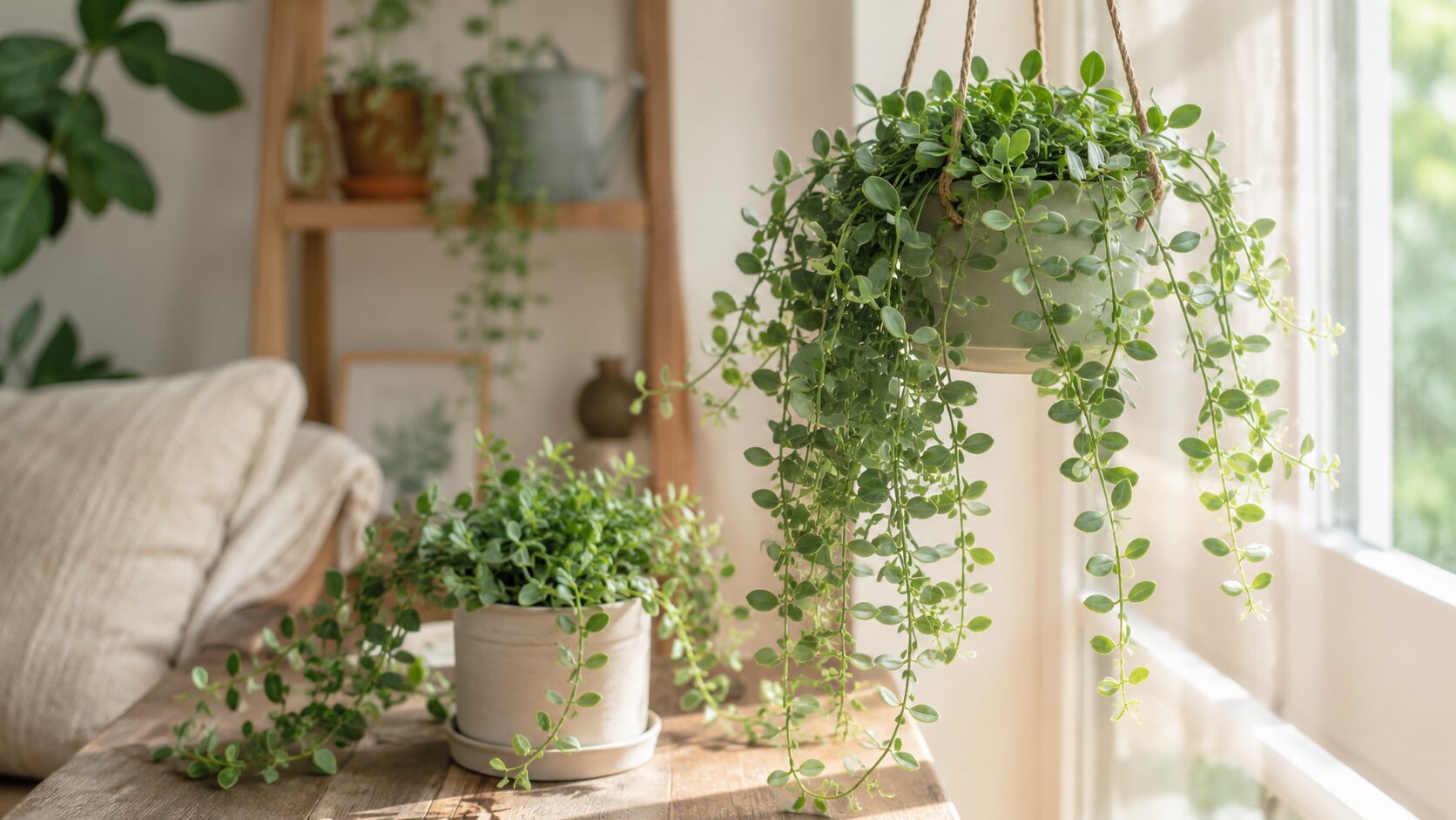 明るい室内で吊り鉢と鉢植えのディスキディアを管理する様子