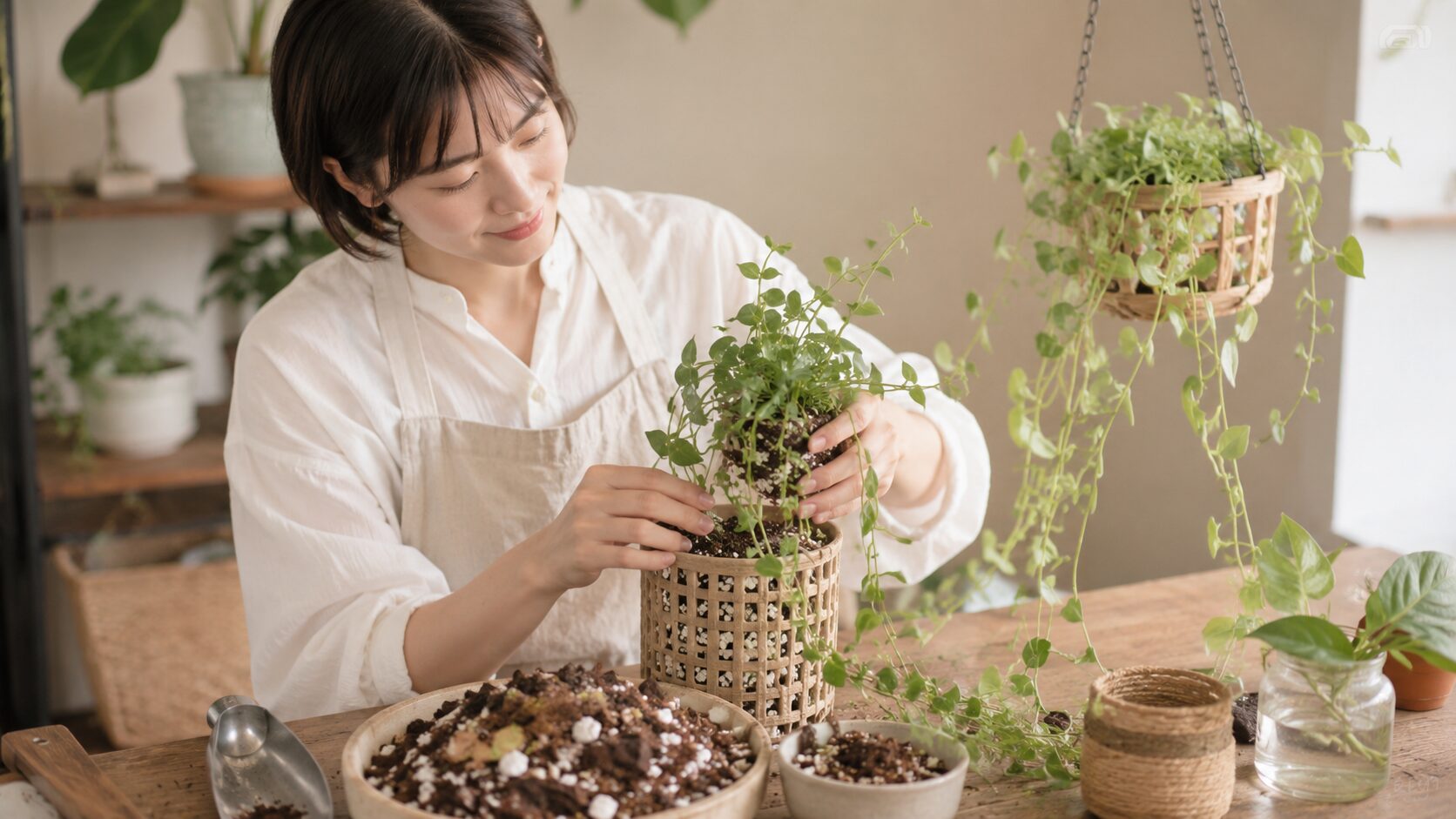 ディスキディアを通気性のよい吊り鉢へ植え替える日本人女性