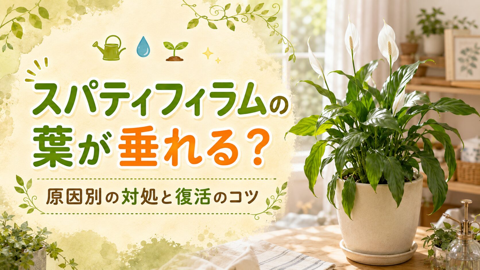 スパティフィラムの葉が垂れる原因と対処法を紹介するアイキャッチ画像