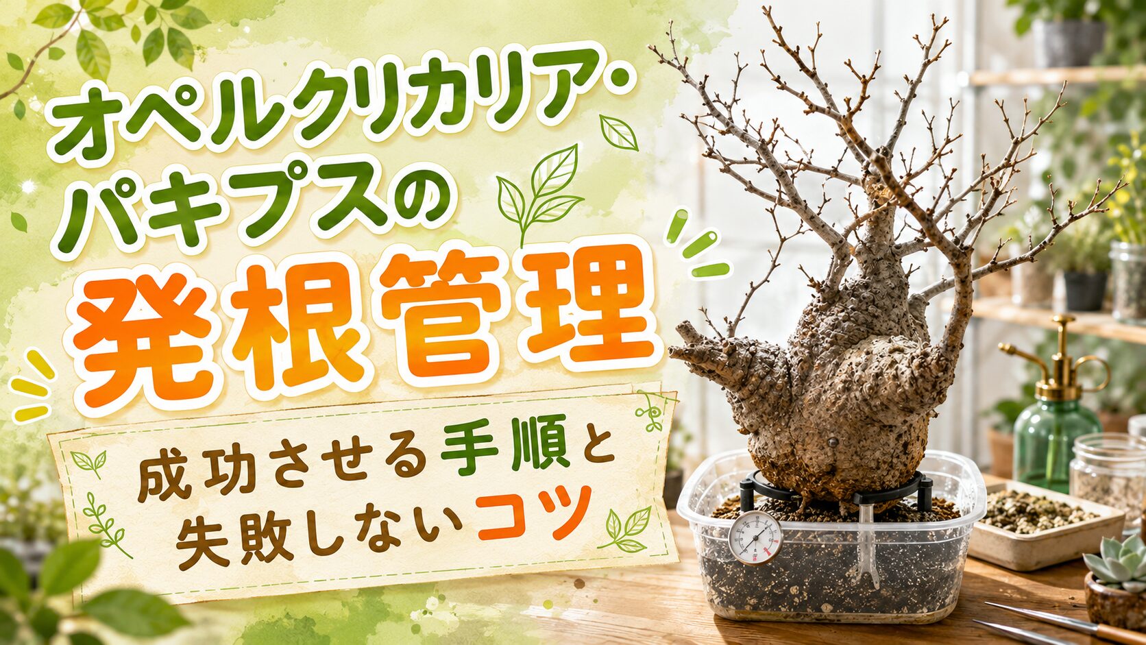 オペルクリカリア・パキプスの発根管理をテーマに、発根手順と失敗しないコツを分かりやすく表現したアイキャッチ画像