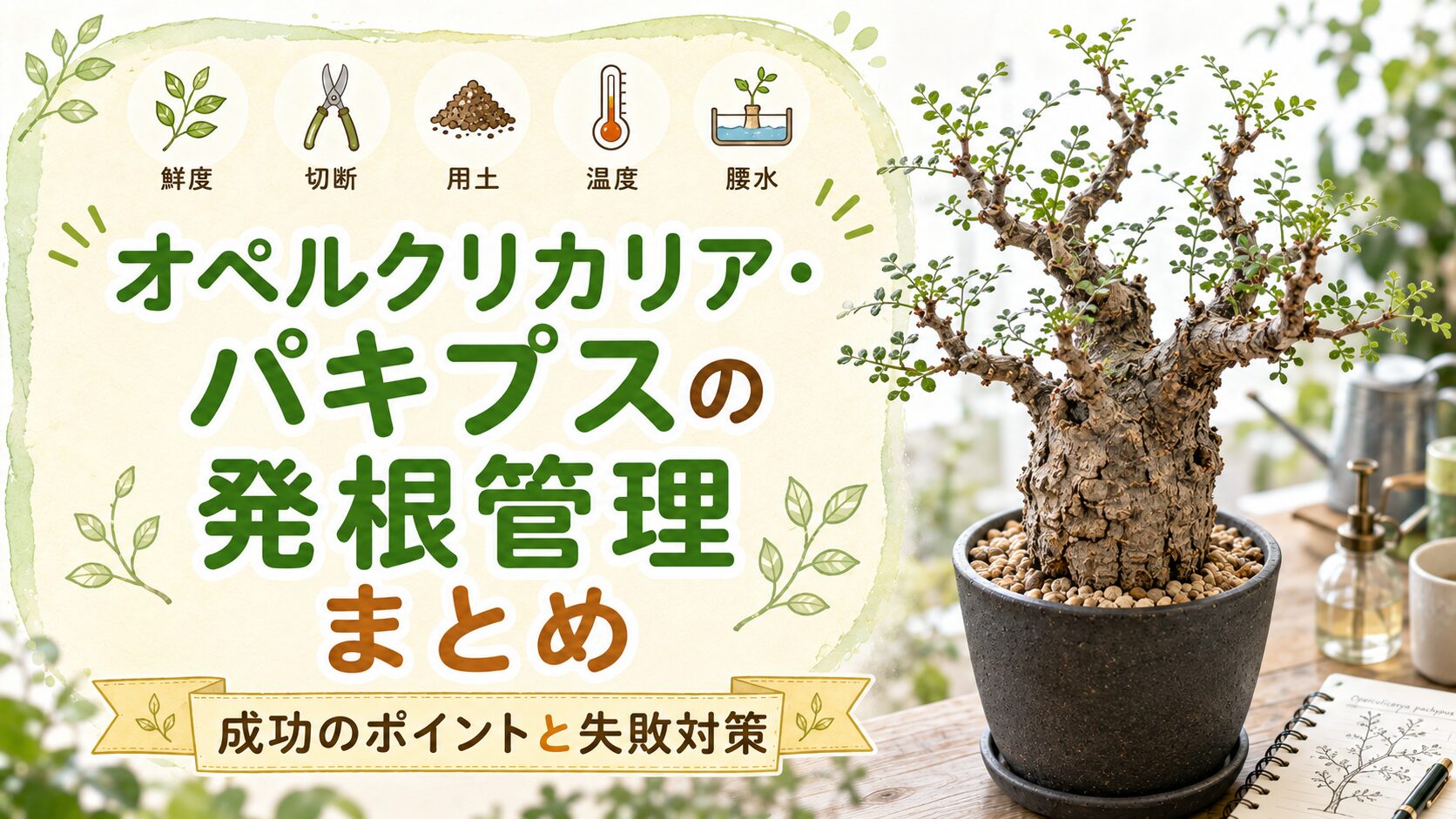 オペルクリカリア・パキプスの発根管理まとめとして、鮮度・切断・用土・温度・腰水のポイントと成功のコツ、失敗対策をイメージした画像