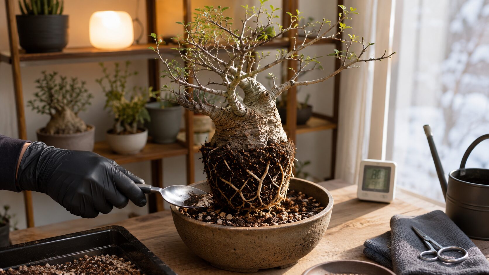 発根後のオペルクリカリア・パキプスを新しい鉢へ植え替え、用土を足している管理作業の様子
