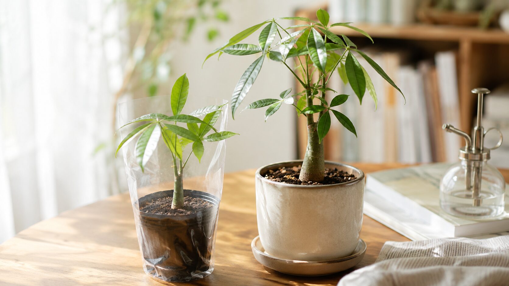 ダイソーで買った小さなパキラ苗と、植え替え後に育ったパキラを並べた実写画像。実生パキラをダイソー苗から育てるイメージがわかる。