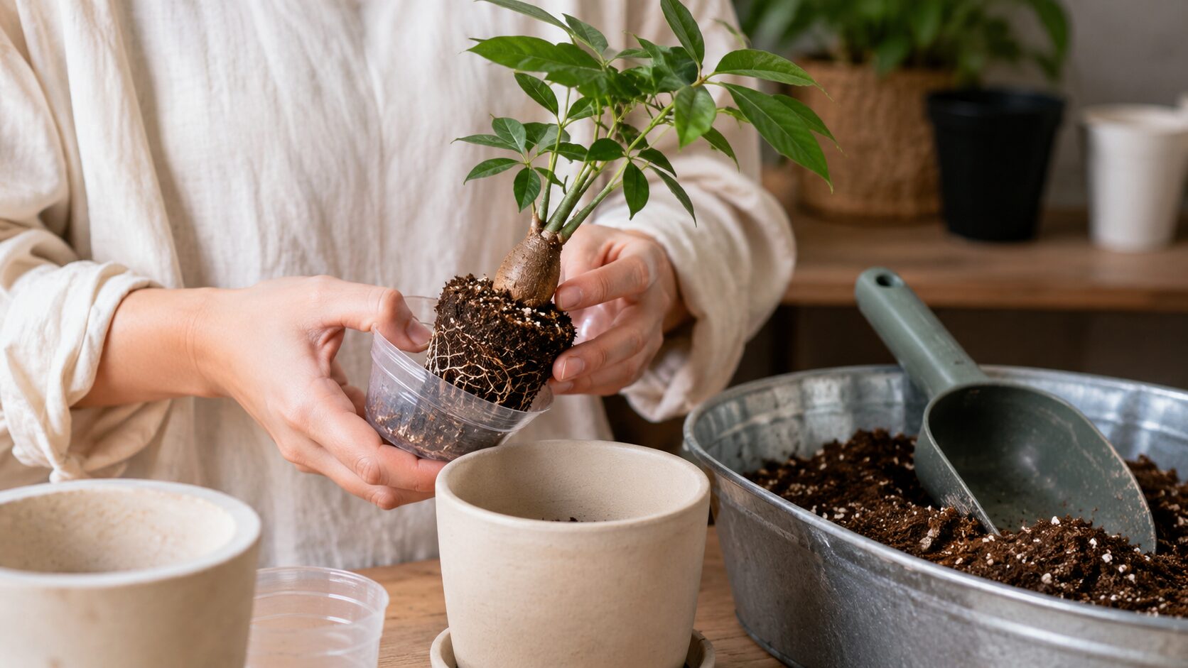 パキラの苗を鉢から抜き、新しい鉢へ植え替えようとしている実写画像。購入後すぐの植え替え作業の流れがイメージしやすい。