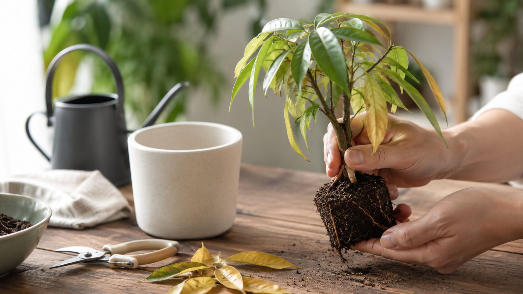 黄色くなった葉が付いたパキラ苗を手に持ち、植え替えや状態確認をしている実写画像。枯れそうなパキラの原因確認と対処のイメージがわかる。