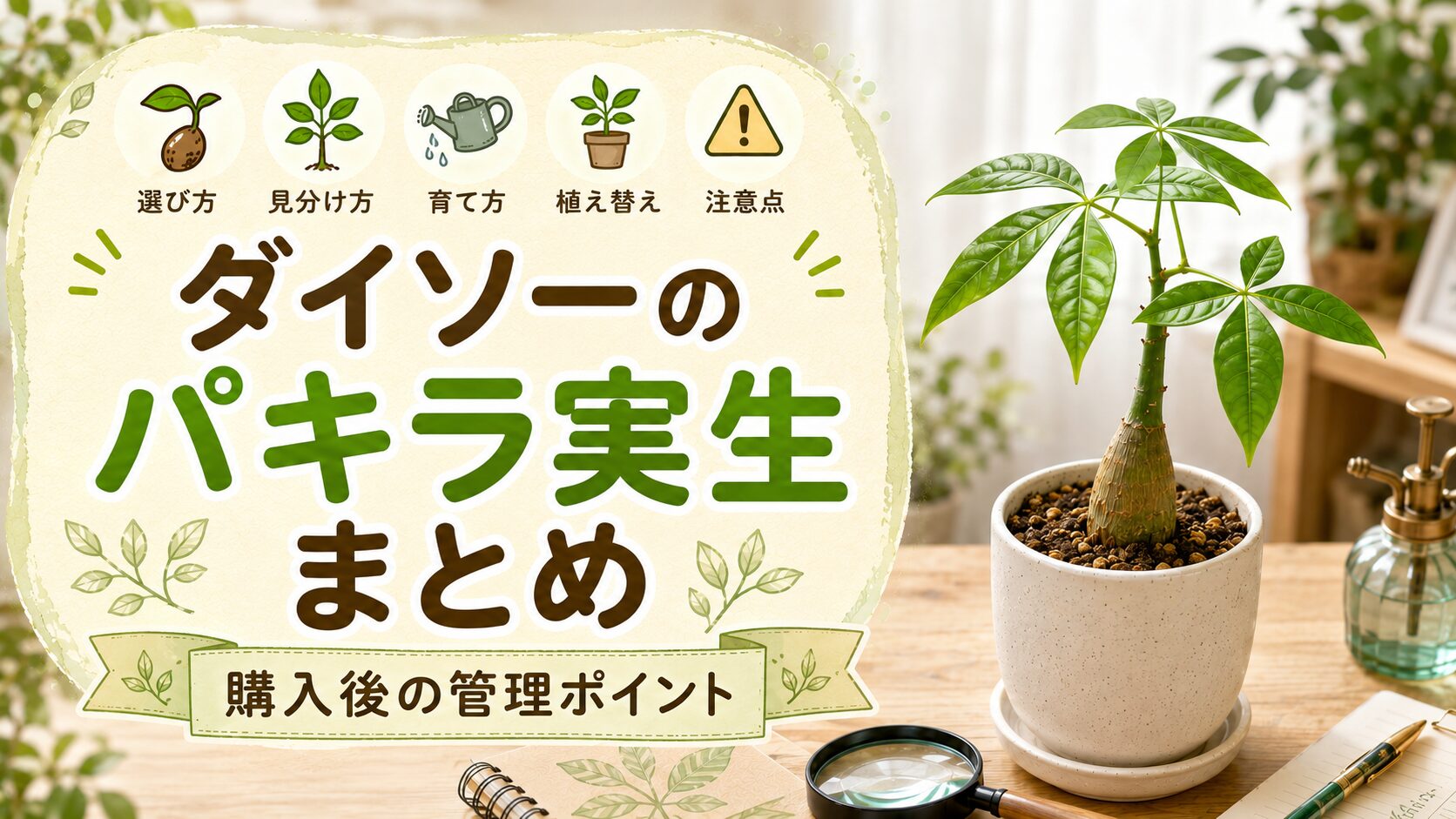 ダイソーのパキラ実生まとめ。小さな鉢植えパキラと選び方・見分け方・育て方・植え替え・注意点の解説画像