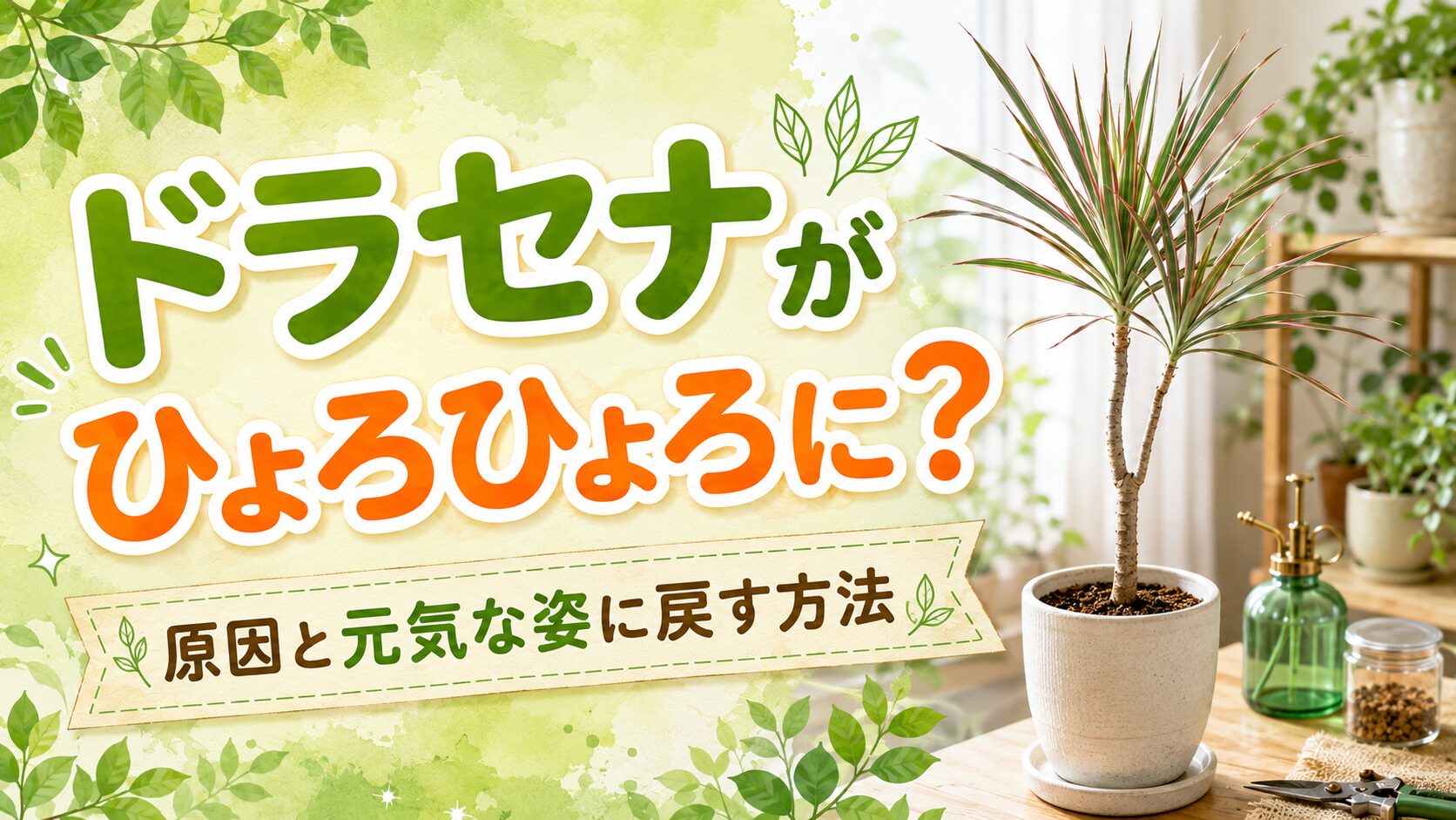 ひょろひょろに伸びたドラセナの鉢植えと、原因や元気な姿に戻す方法を紹介する文字が入った記事アイキャッチ画像