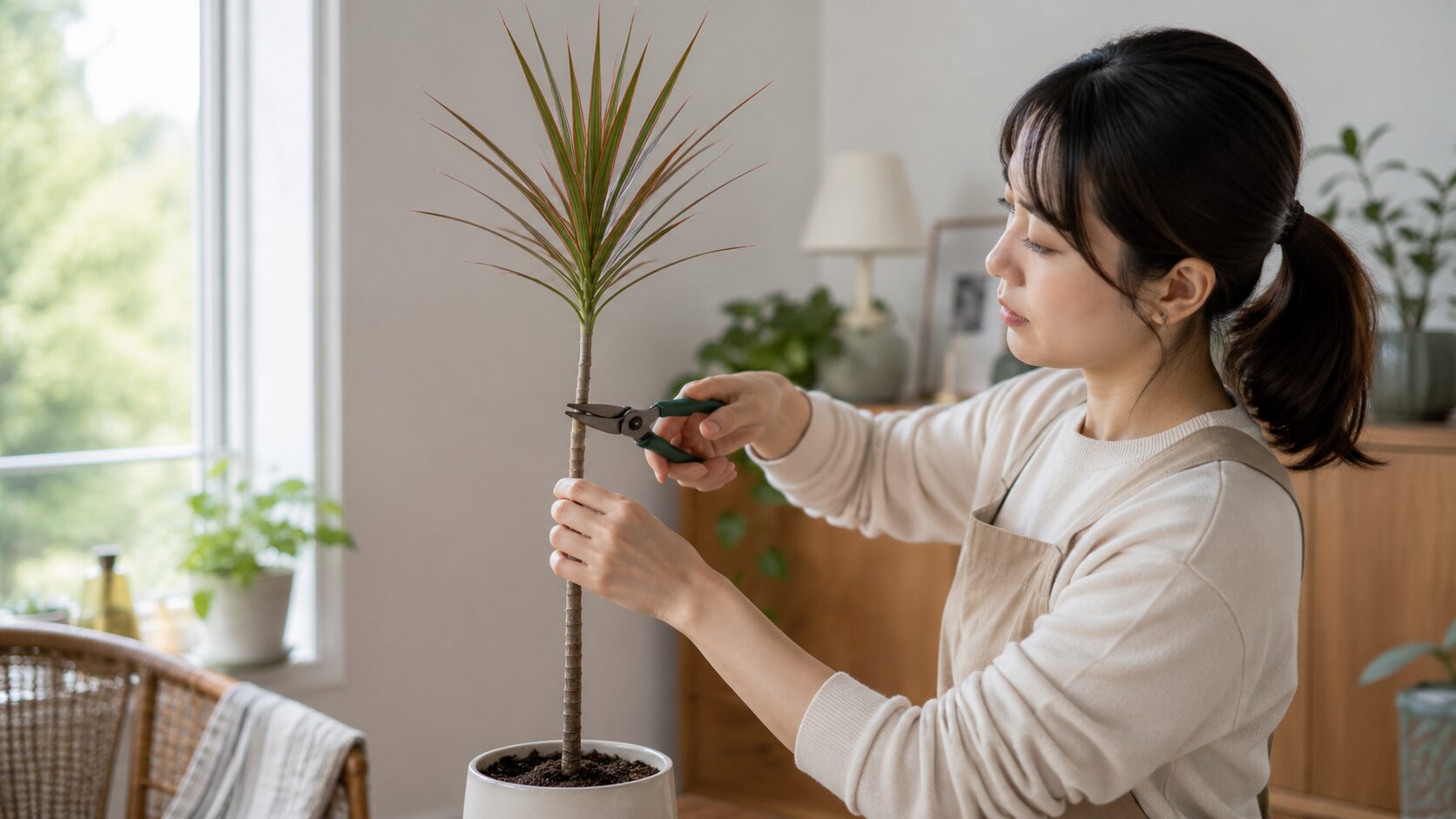 日本人女性が細長く伸びたドラセナの幹を剪定ばさみで切り戻そうとしている写真
