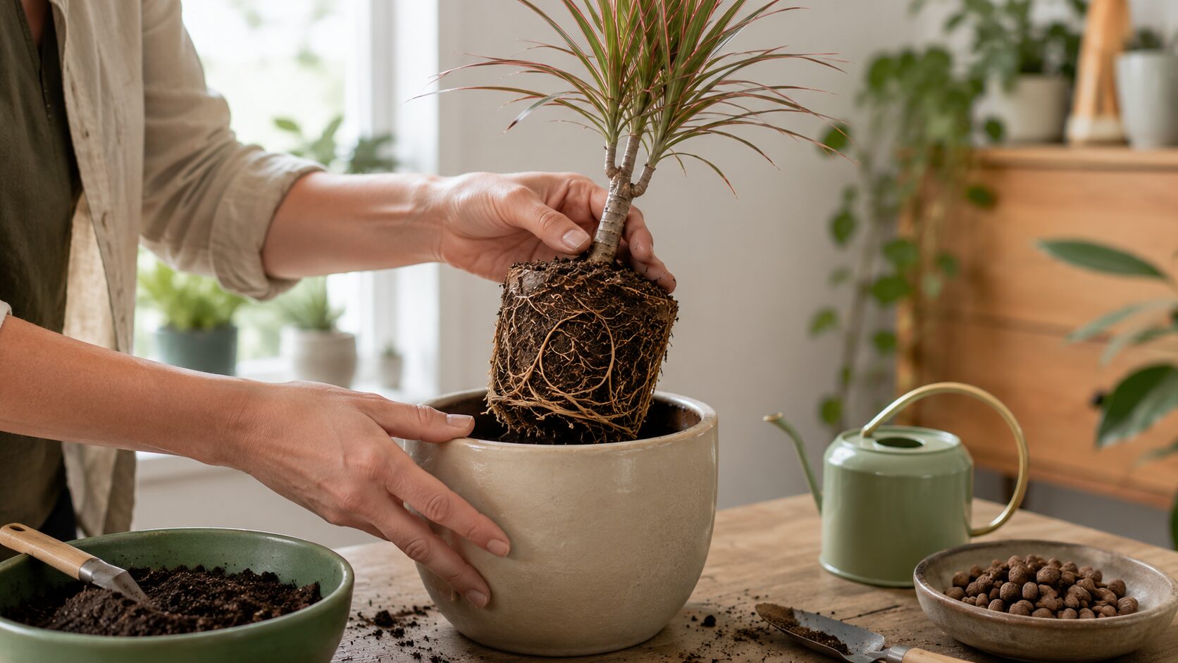 根鉢を持ち上げたドラセナを新しい鉢へ植え替えようとしている、根詰まり対策の写真