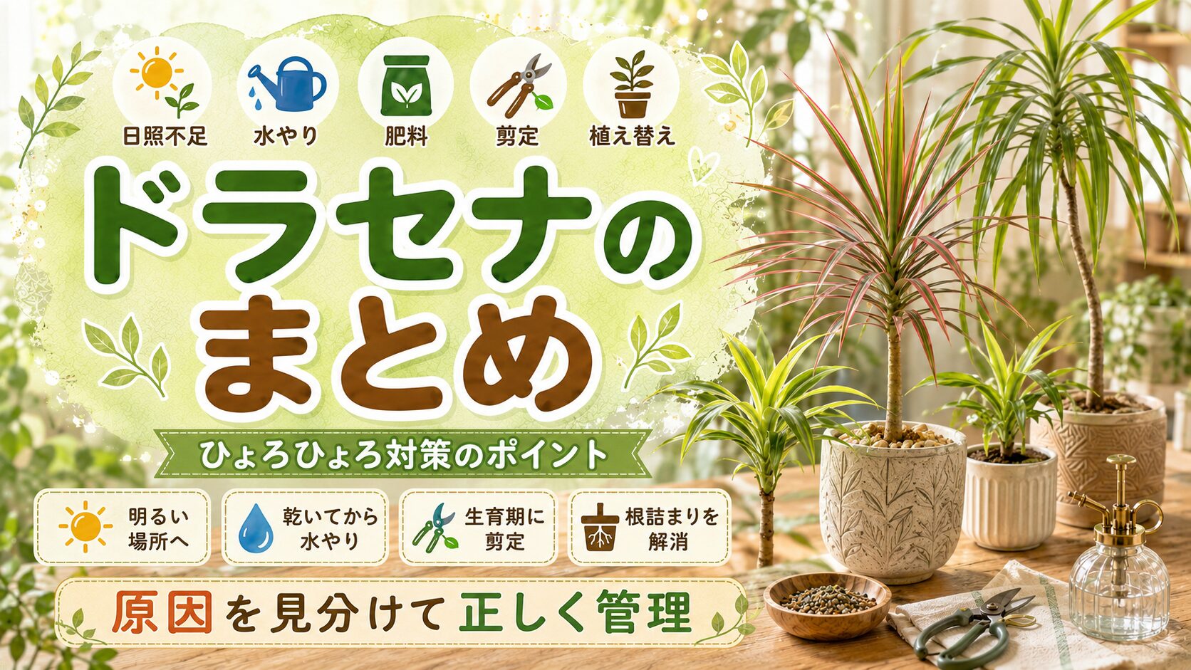 日照不足、水やり、肥料、剪定、植え替えなどの対策ポイントと、複数のドラセナを分かりやすくまとめた記事の総まとめ画像