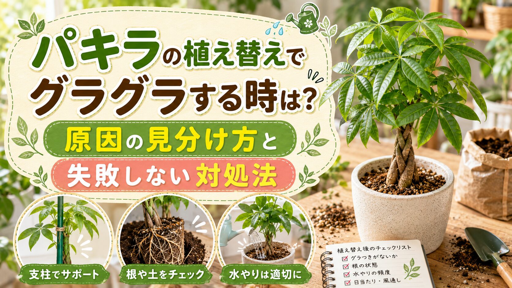 パキラの植え替え後にグラグラする時の原因の見分け方と対処法を、支柱・根や土のチェック・水やりのポイントとともに紹介するアイキャッチ画像