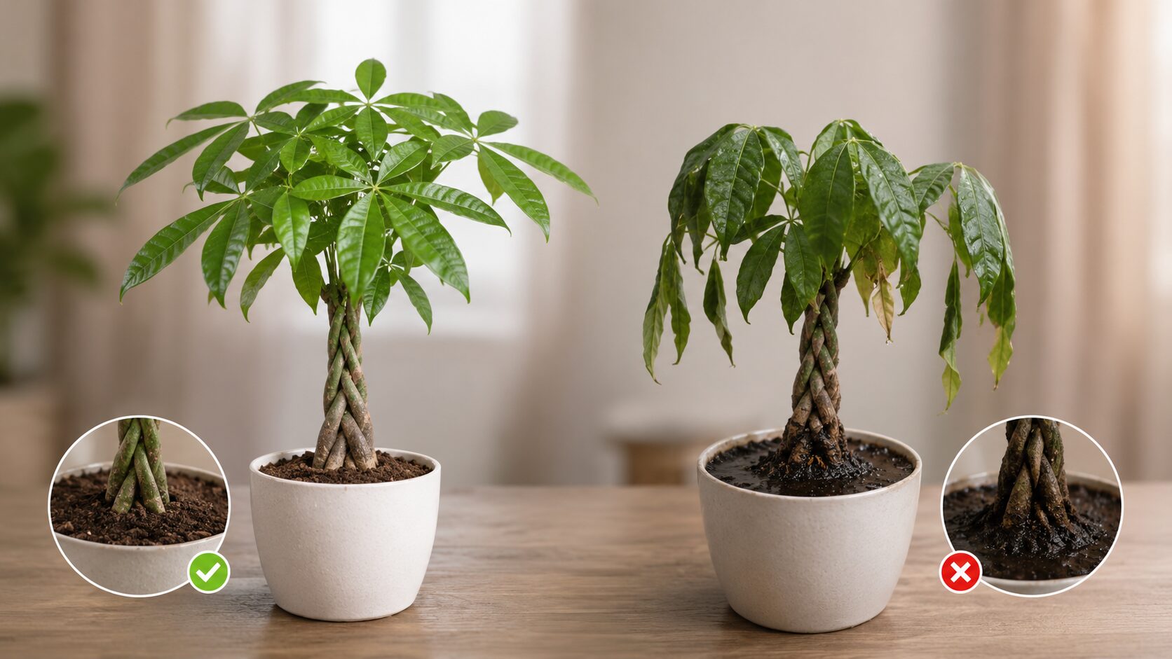 元気なパキラとしおれたパキラを並べ、植え替え後のグラつきが正常か危険かを比較できる実写イメージ