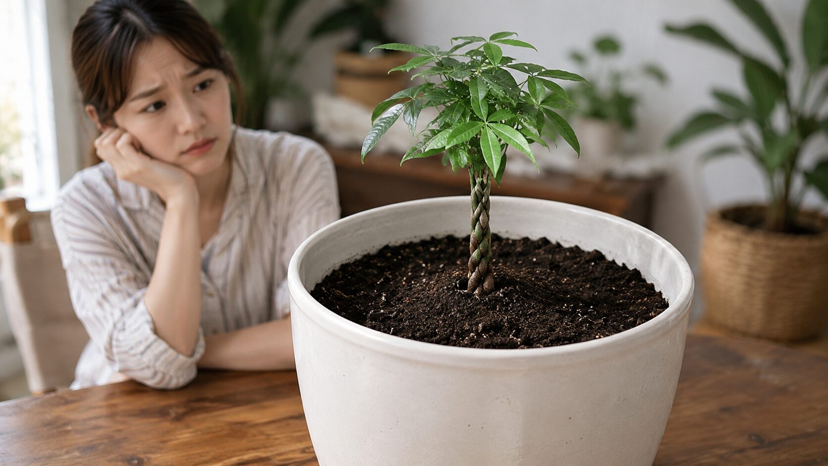 小さなパキラに対して大きすぎる鉢を前に、日本人女性が状態を気にして見つめている実写写真