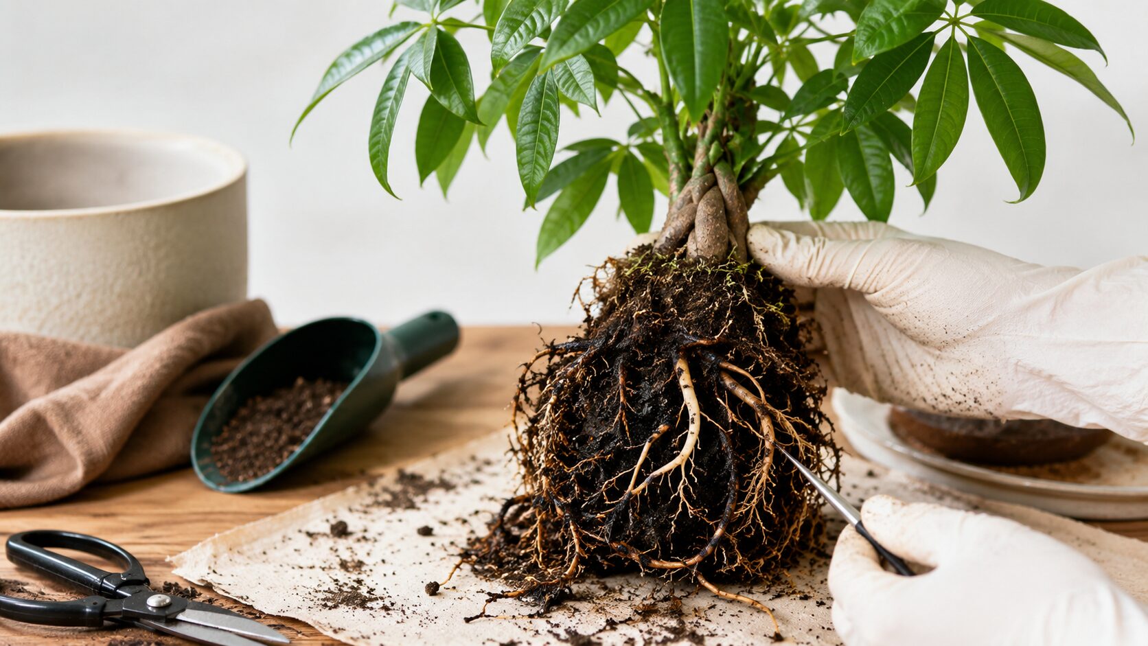 植え替え時にパキラの根を取り出し、黒い根や傷んだ根を確認している根腐れチェックの実写写真