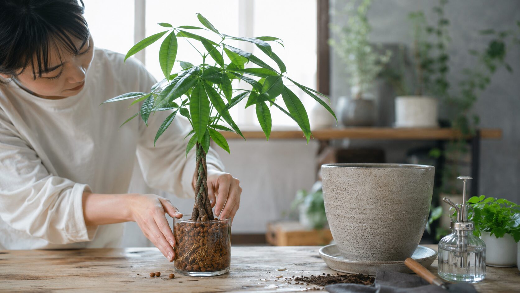日本人女性が室内でパキラをハイドロボール入りの容器に植え、鉢や道具を並べて管理している様子。大きく育てる時の管理をイメージした写真。