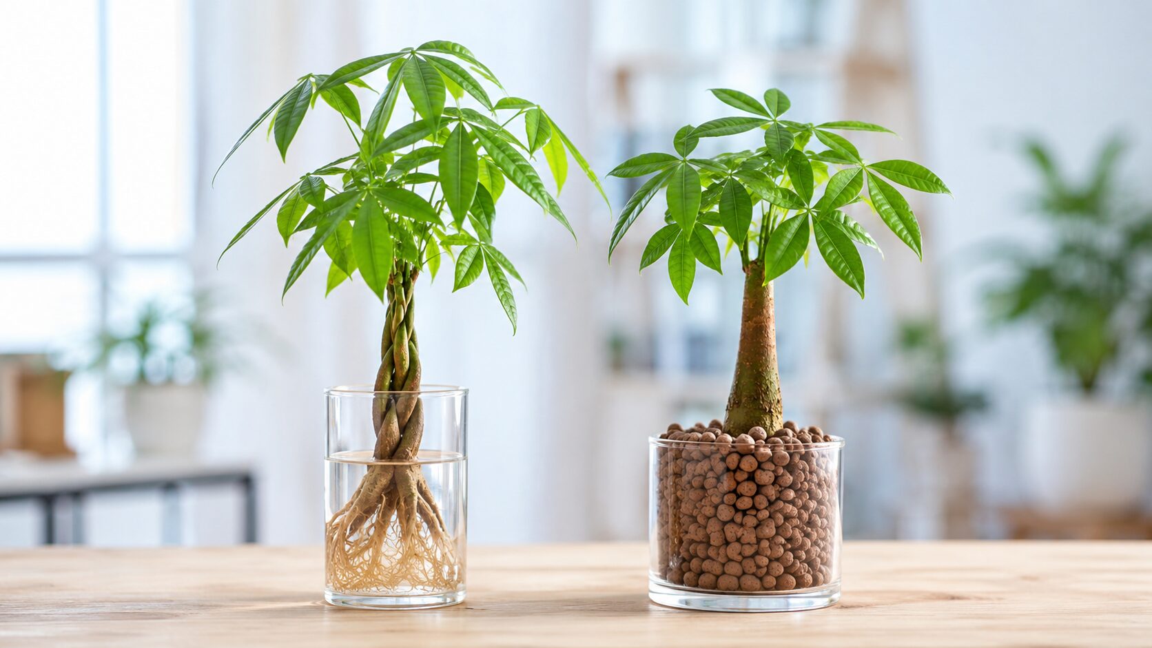 水に挿したパキラとハイドロボールに植えたパキラを並べて比較した様子。水耕栽培とハイドロカルチャーの違いが分かる比較イメージ。