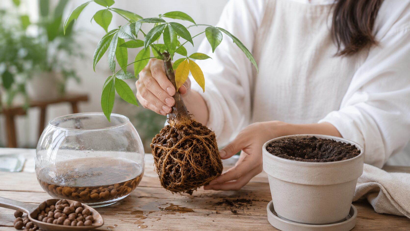 日本人女性がパキラの根鉢を取り出し、土の入った鉢へ植え替え準備をしている様子。土に植え替えるタイミングをイメージした写真。
