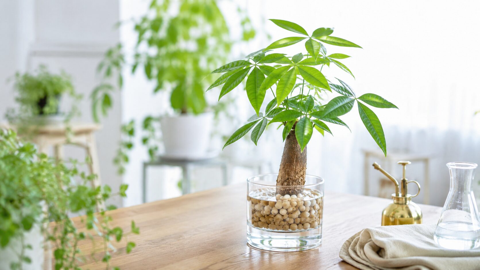 明るい室内で、ガラス容器とハイドロボールに植えたパキラを清潔に管理している様子。パキラの水耕栽培をずっと続ける管理方法をイメージした写真。