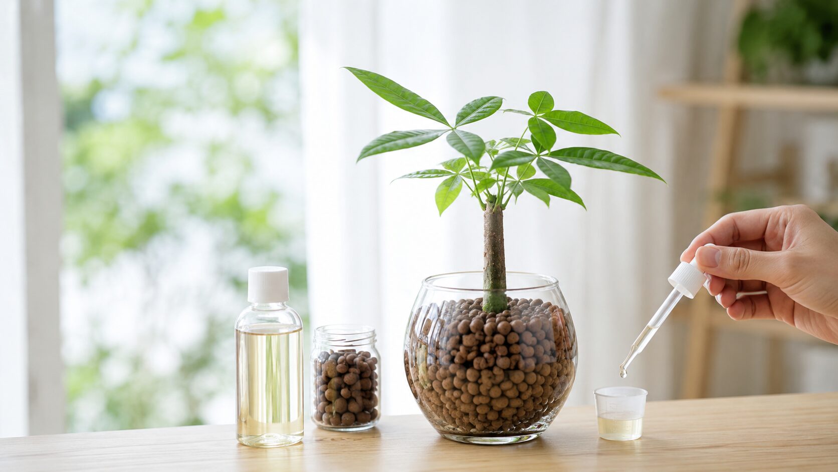 パキラの水耕栽培に使う液体肥料をスポイトで少量ずつ計量している様子。生育期に薄めて与える肥料管理を表す写真。