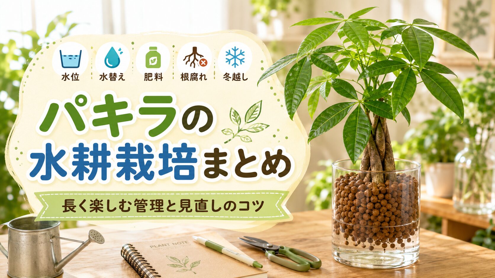 ガラス容器のハイドロボールで育つパキラと、水位・水替え・肥料・根腐れ・冬越しの管理ポイントをまとめた画像。パキラの水耕栽培を長く楽しむコツを表しています。