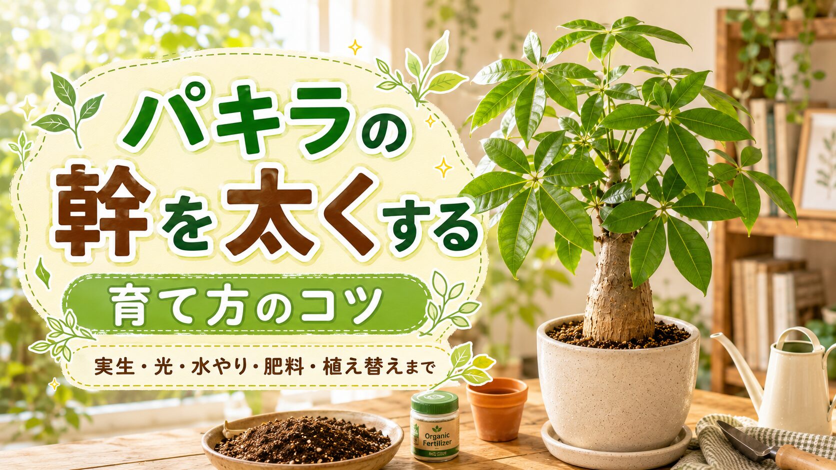 パキラの鉢植えと土・肥料・じょうろを背景に、幹を太くする育て方のコツを紹介したアイキャッチ画像