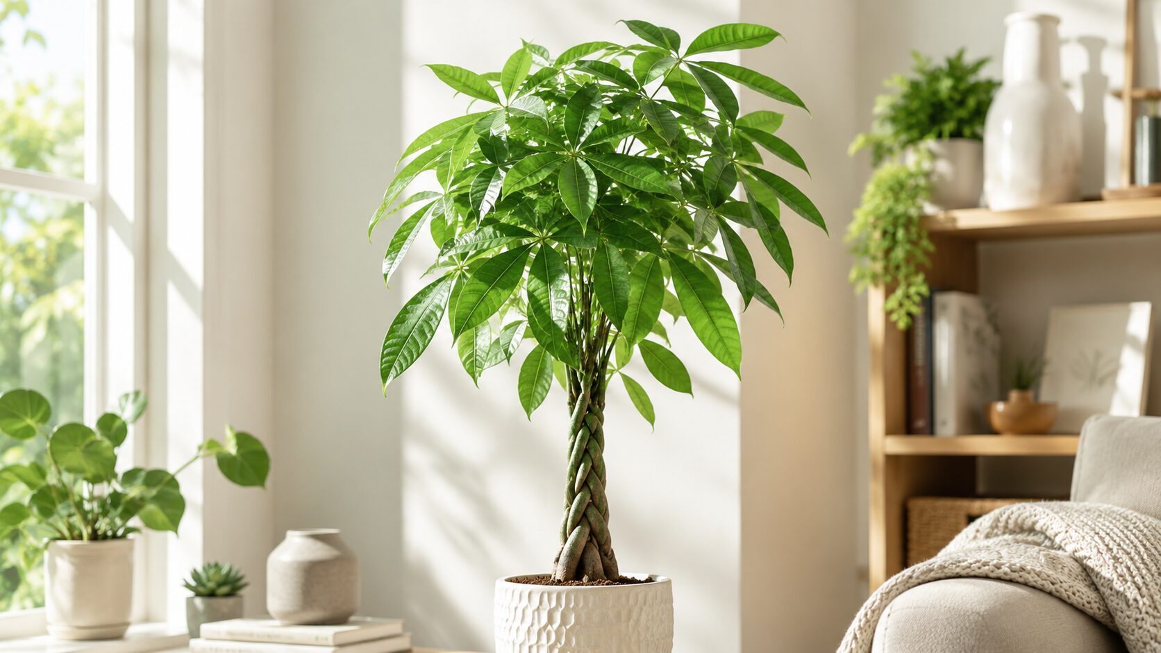 明るい室内で元気に育つパキラの鉢植え。幹を太く育てる基本環境をイメージした画像