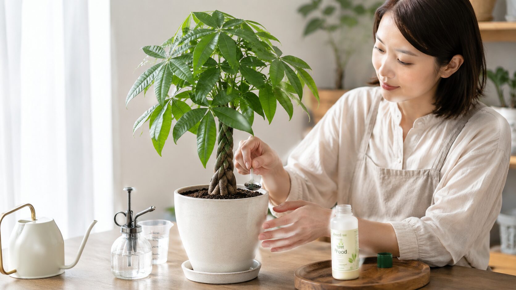室内でパキラに少量の肥料を与える様子。肥料の与えすぎを防ぐ管理を表した画像