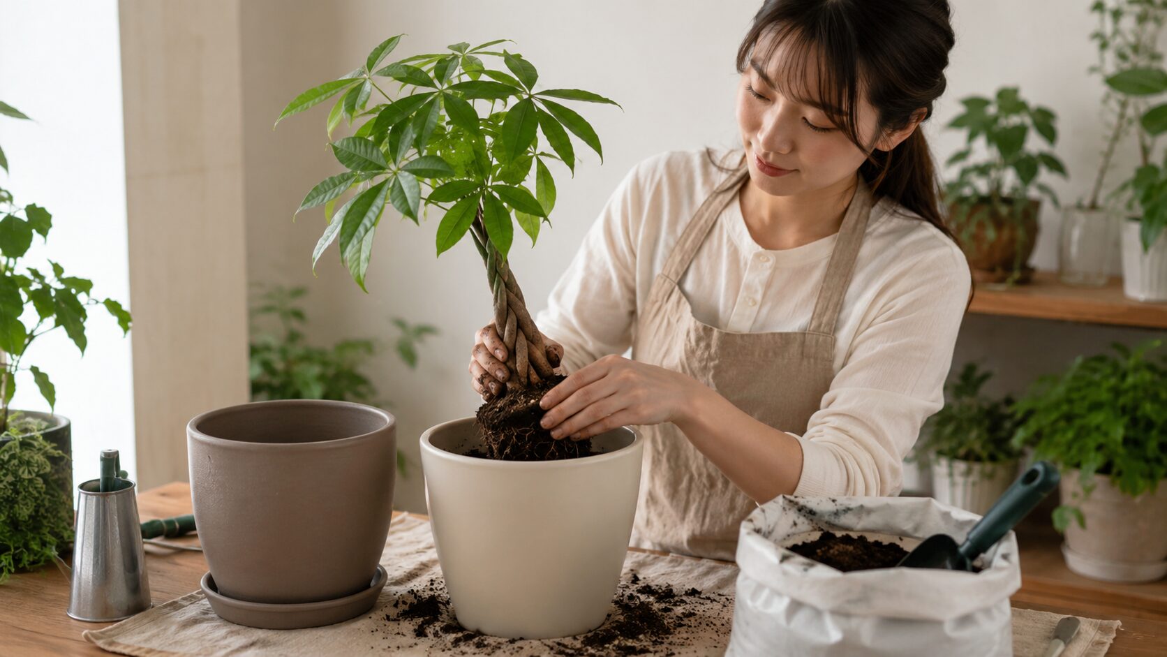 パキラを一回り大きな鉢へ植え替える様子。鉢サイズ選びと根の管理を表した画像