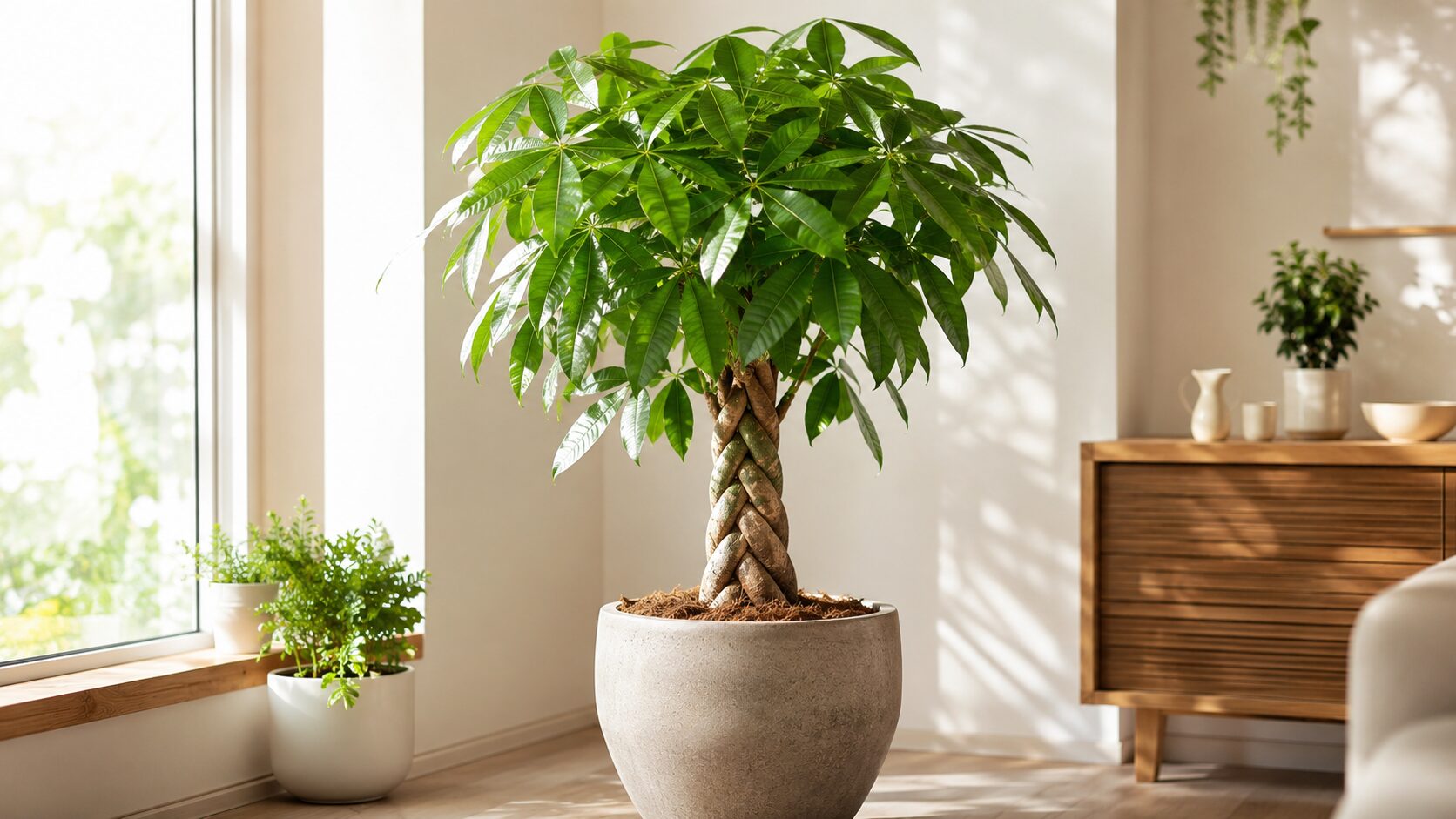 明るい室内で健康的に育つパキラの鉢植え。幹を太く育てるための基本的な育成環境をイメージした画像