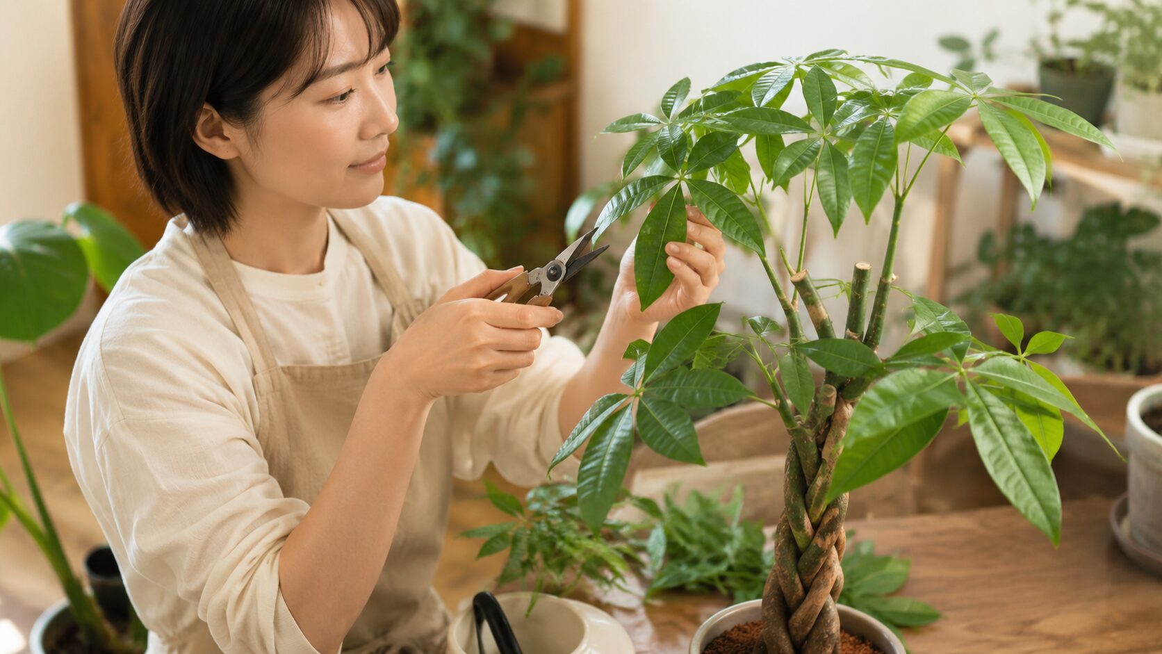 日本人女性が室内でパキラの枝を剪定している様子。剪定と幹の太さの関係をイメージした画像