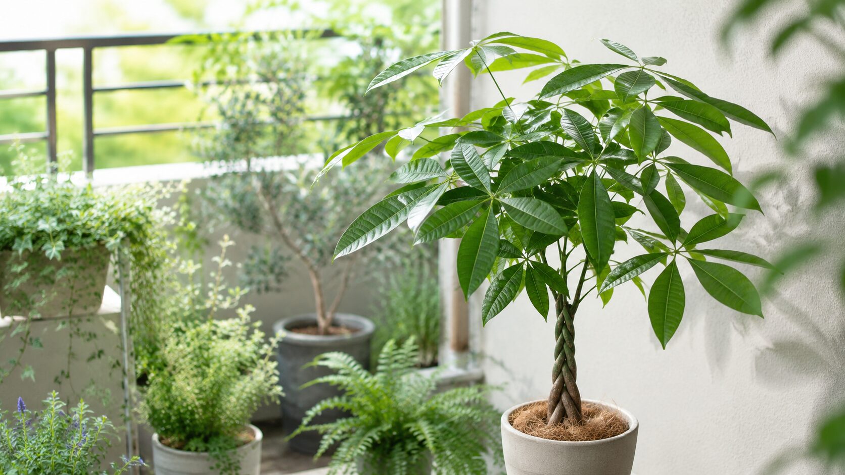 明るいベランダで風通しのよい場所に置かれたパキラの鉢植え。屋外管理のイメージ画像