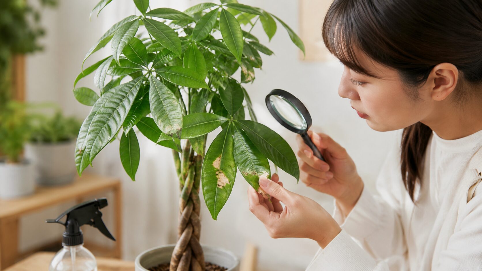 日本人女性がパキラの葉を近くで確認する様子。害虫や葉焼けの早期発見と対策をイメージした画像