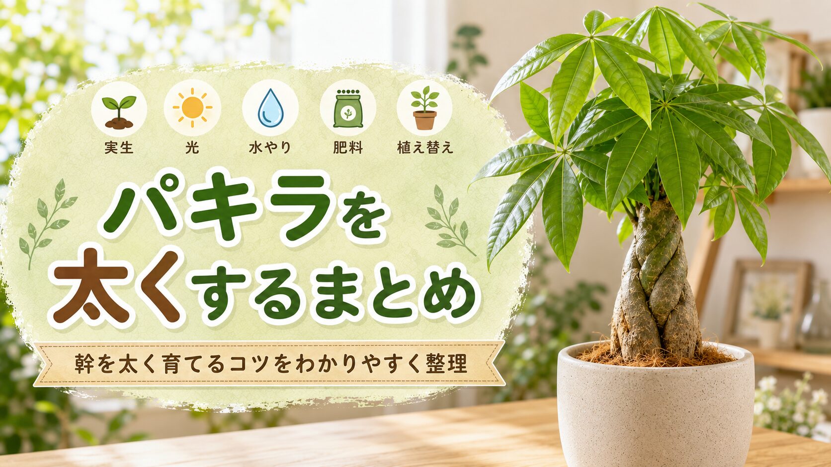 パキラの鉢植えと実生・光・水やり・肥料・植え替えのアイコンを配置した、パキラを太くするまとめ画像