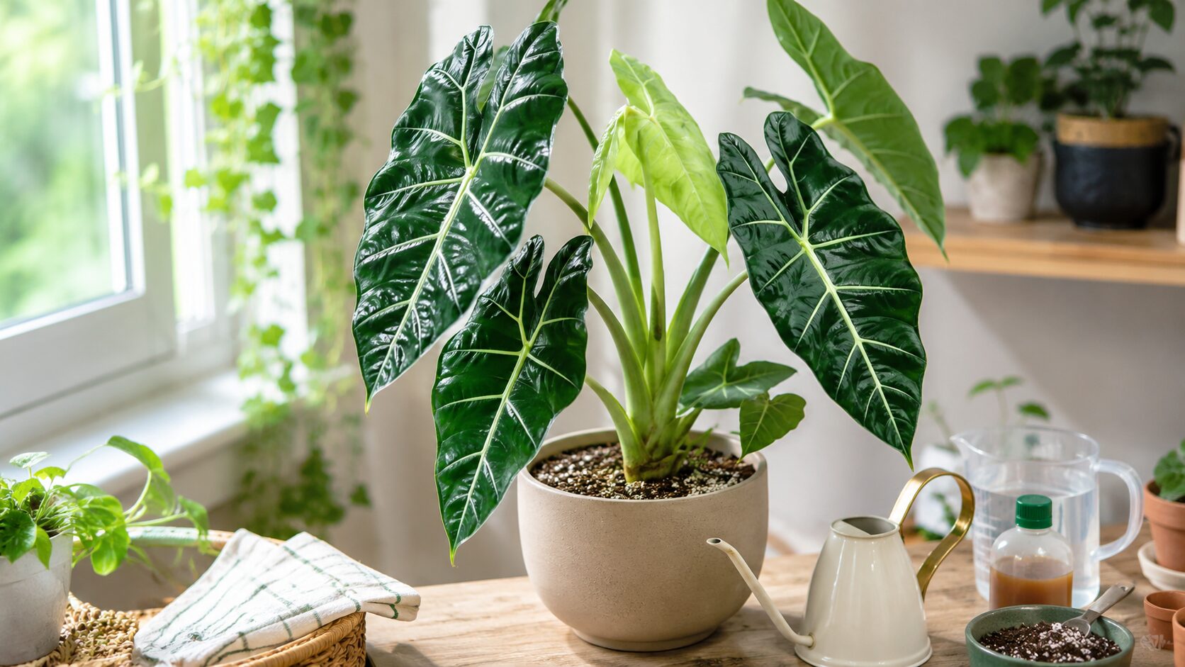 明るい室内で鉢植えのアロカシアと水やり道具、肥料、水差しを並べた画像。光、水やり、肥料など大きく育てる管理のコツをイメージしやすい実写構成。