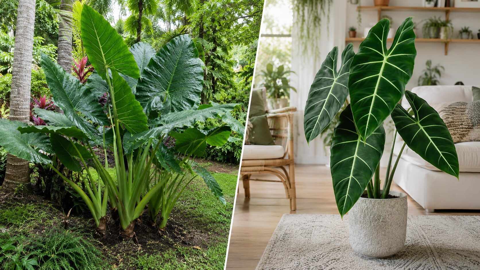 屋外の地植えアロカシアと、室内で育つ鉢植えアロカシアを左右に比較した画像。地植えと室内栽培のサイズ感や育ち方の違いがひと目で分かるデザイン。