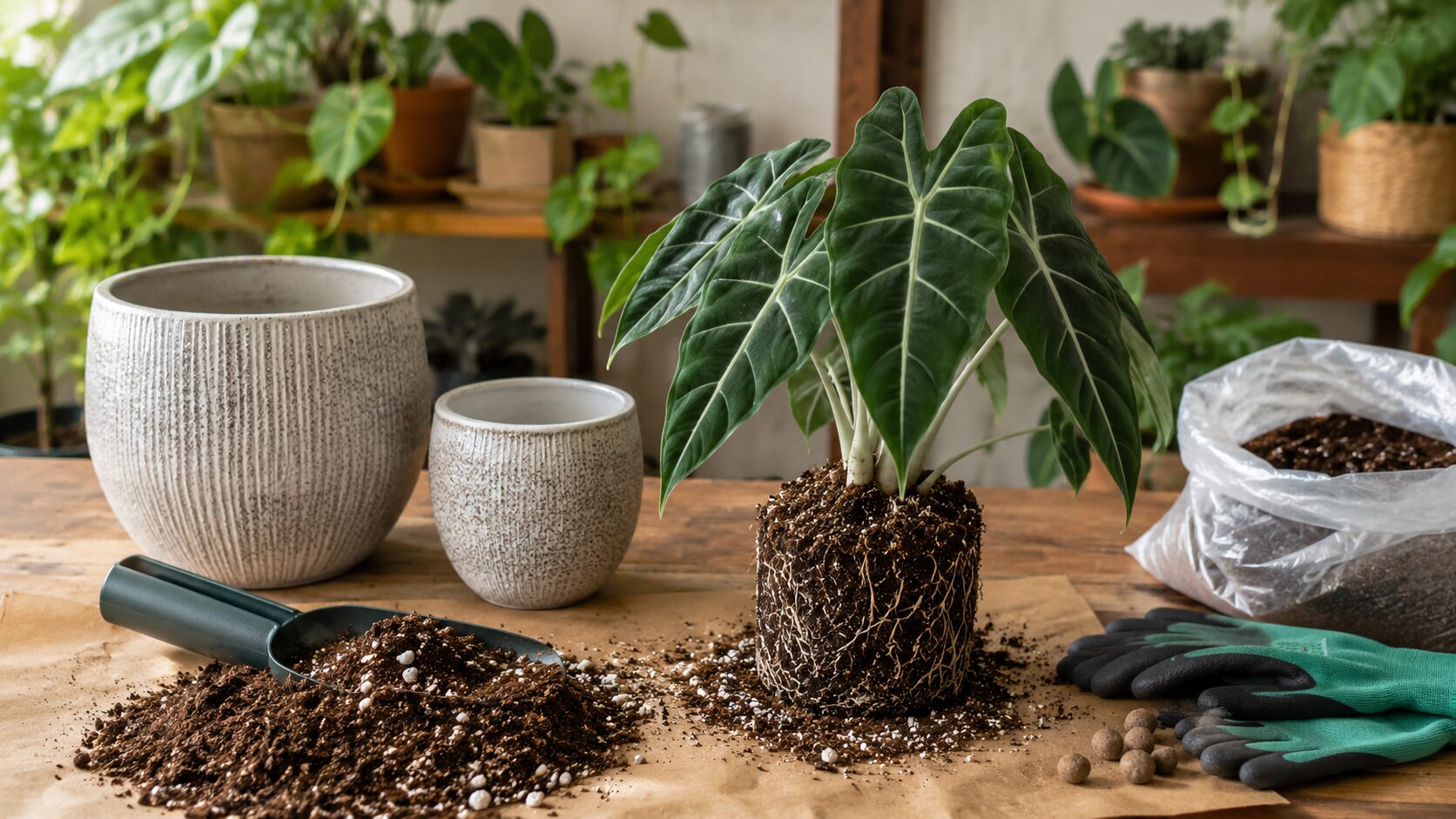 植え替え前のアロカシア、鉢、培養土、手袋を作業台に並べた画像。植え替えの準備や鉢選びのポイントをイメージしやすい実写写真。