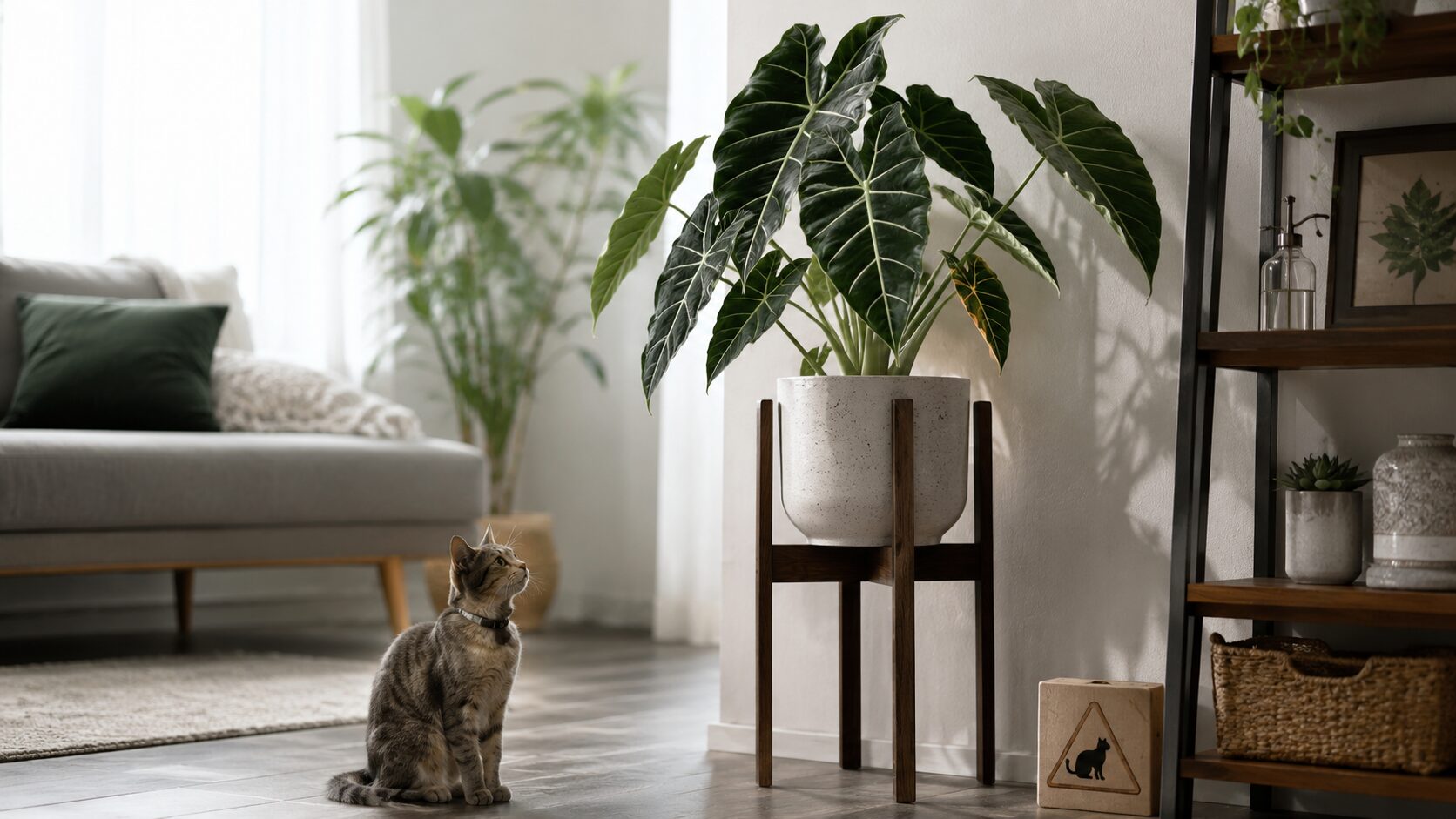 室内のアロカシアを見上げる猫と、高い位置に置かれた鉢植えを写した画像。ペットがいる家庭での置き場所や安全対策をイメージしやすい構図。