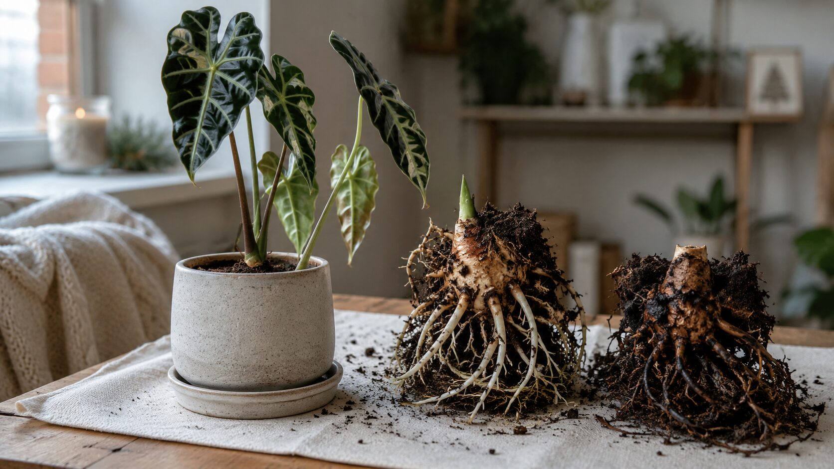 鉢植えのアロカシア・アマゾニカと、掘り上げた健康な根茎と傷んだ根の比較。根腐れと休眠の違いを分かりやすく示す画像。