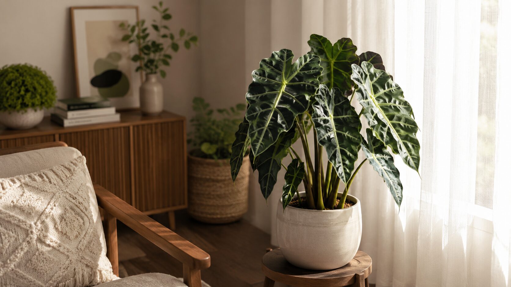 明るい窓辺の室内に置かれたアロカシア・アマゾニカの鉢植え。レースカーテン越しのやわらかい光が当たる理想的な置き場所を表した画像。