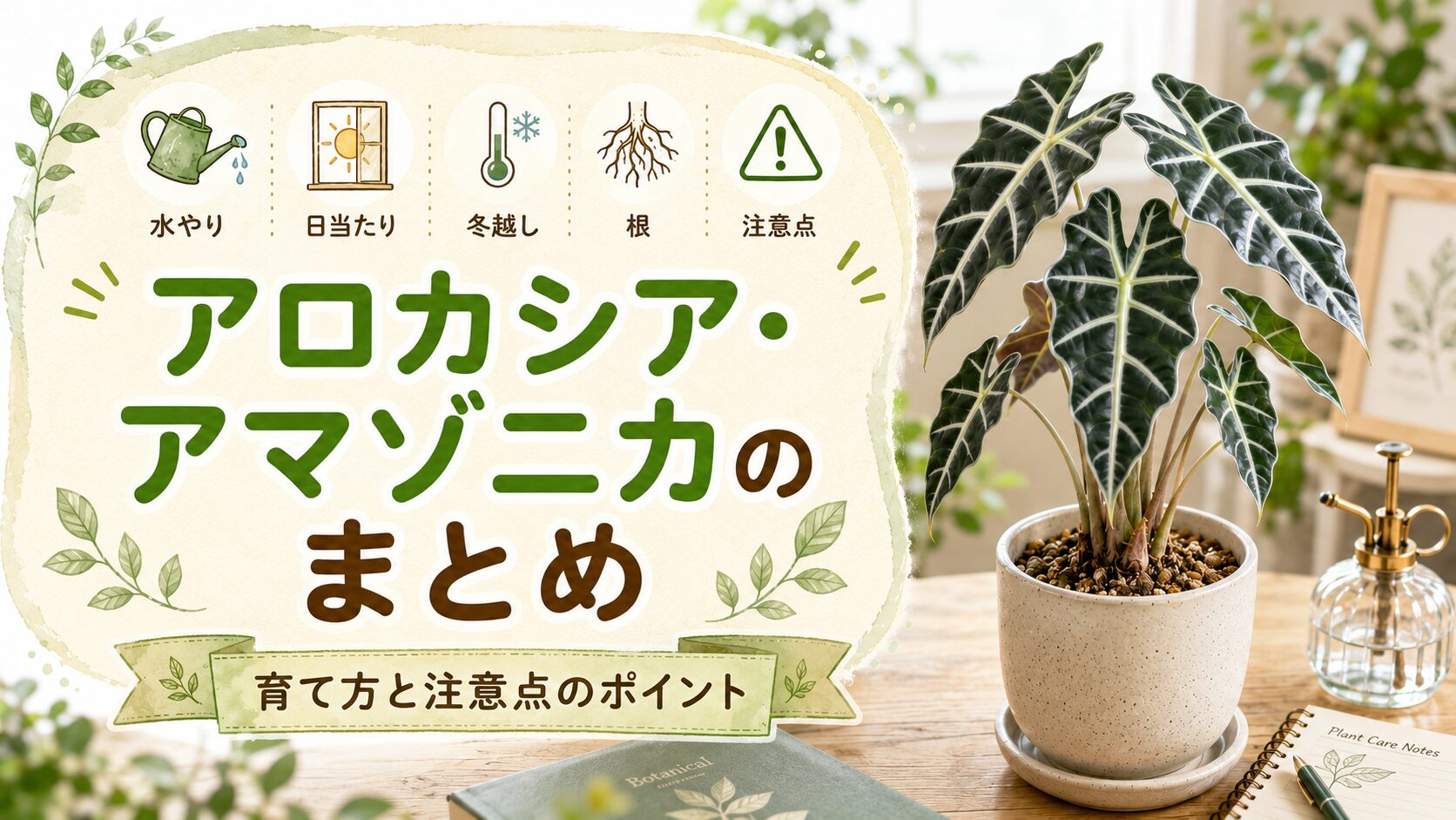 水やり・日当たり・冬越し・根・注意点のアイコンと、鉢植えのアロカシア・アマゾニカを配置したまとめ画像。育て方と注意点のポイントを分かりやすく整理した画像。