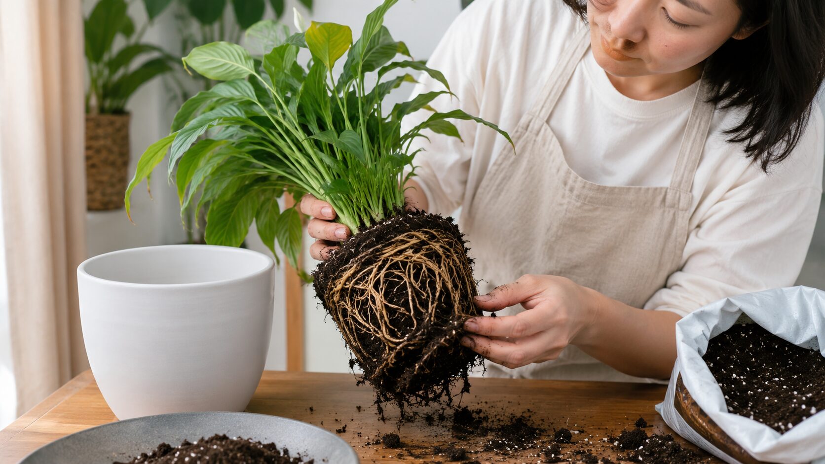 スパティフィラムの根鉢を確認しながら植え替える、根腐れや根詰まり対策の写真
