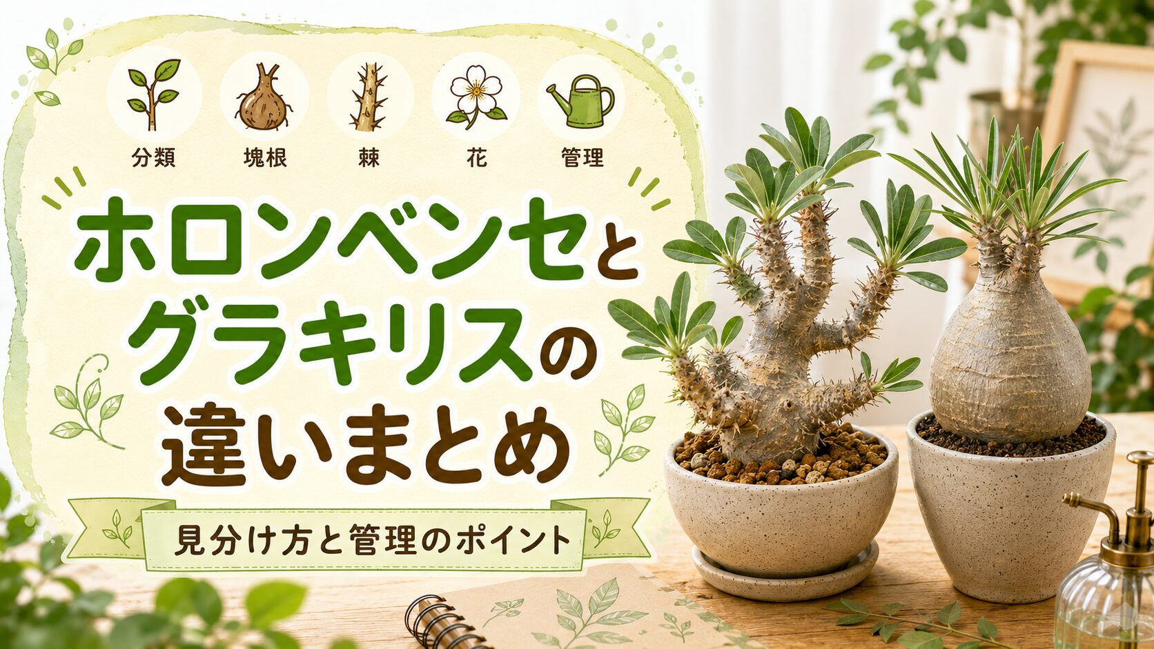 パキポディウム・ホロンベンセとグラキリスの違いを、分類・塊根・棘・花・管理のポイントでまとめた画像